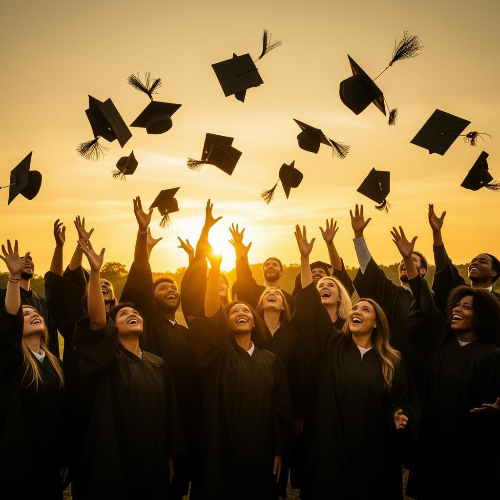 Diverse graduates throwing their caps in the air at sunset