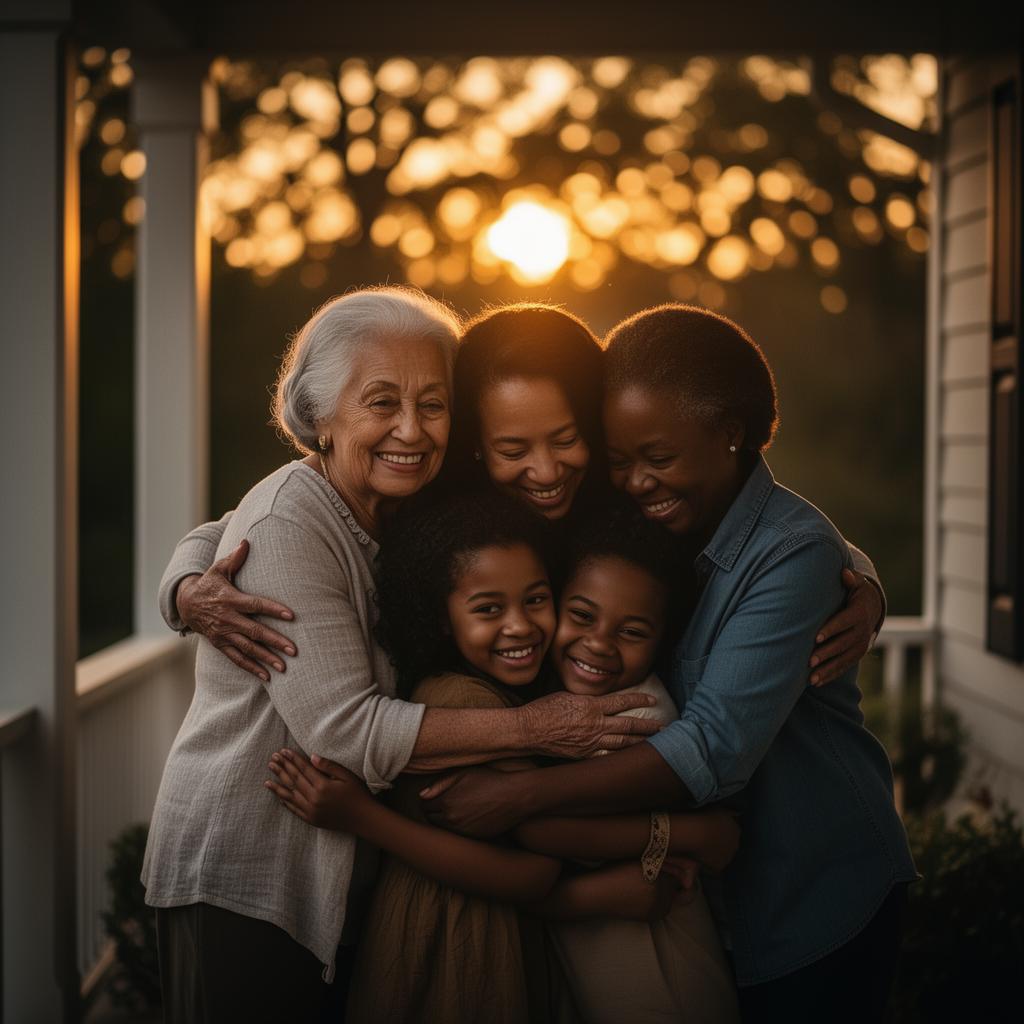 Multigenerational diverse family embracing on a porch at sunset