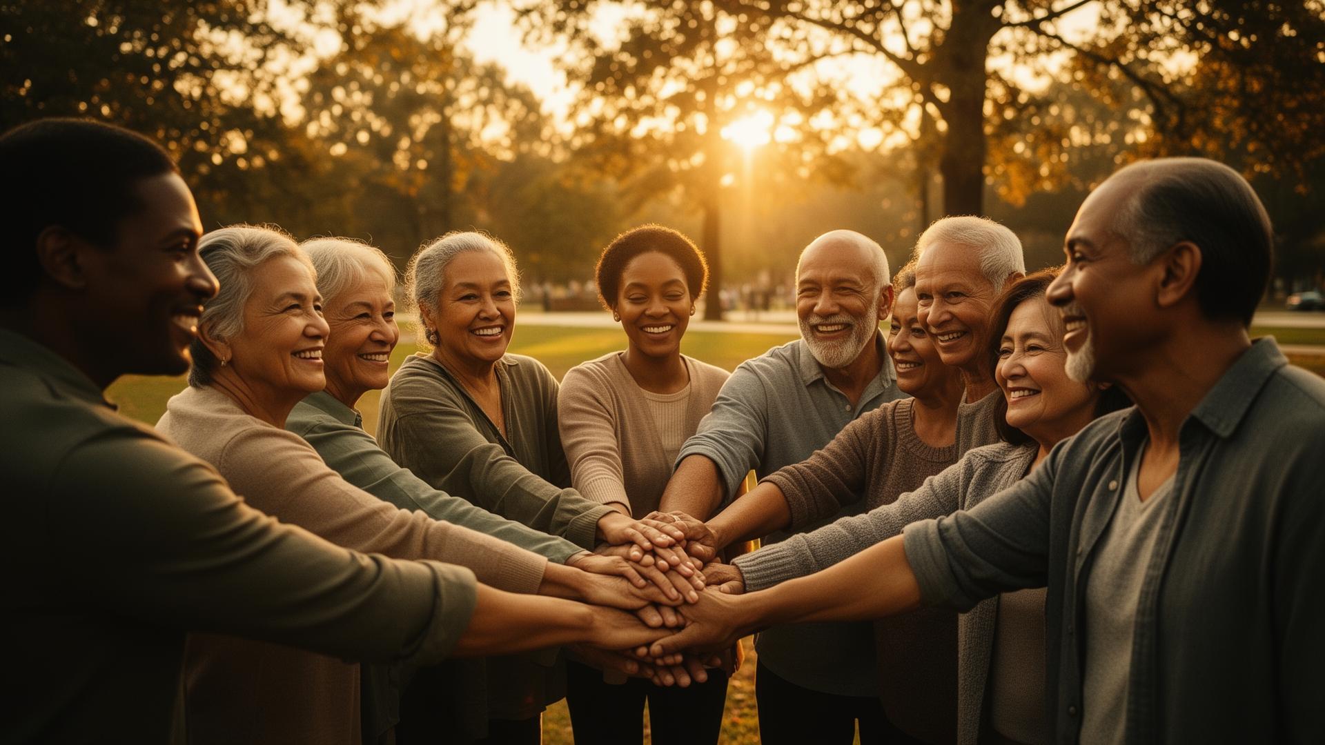 A diverse circle of people of all generations holding hands at golden hour