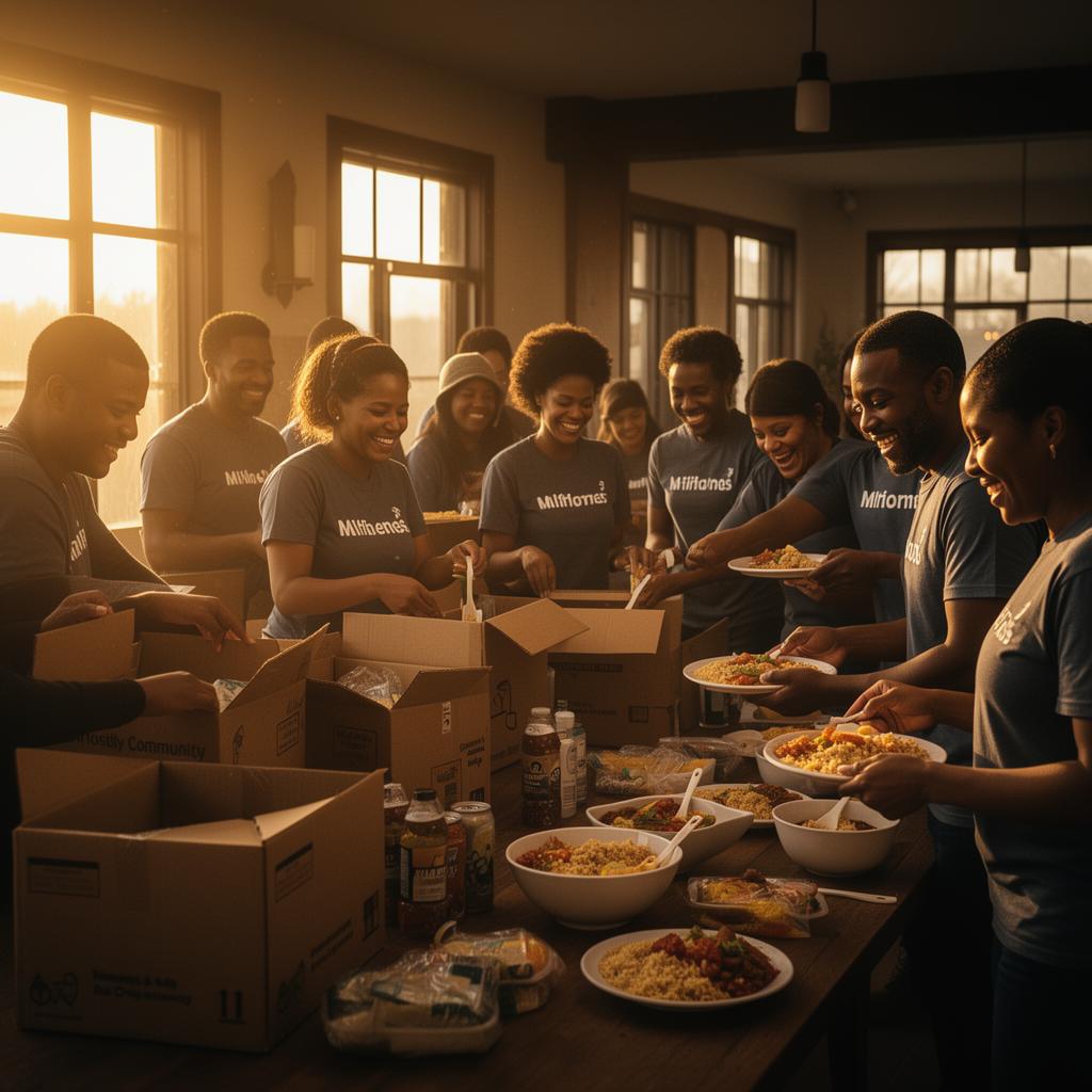 Diverse volunteers packing donation boxes and serving meals together